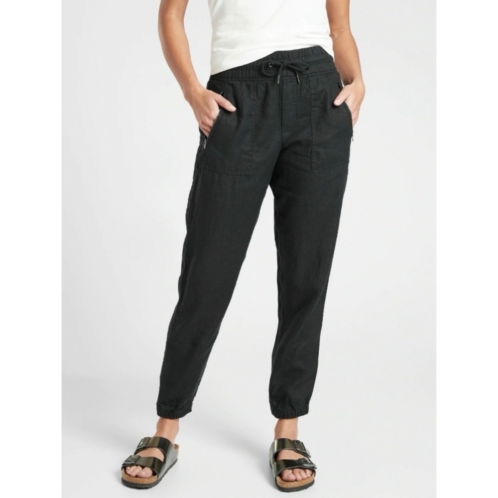 Athleta Cabo 100% Linen Jogger Pants Black Large Drawstring Zip Pockets